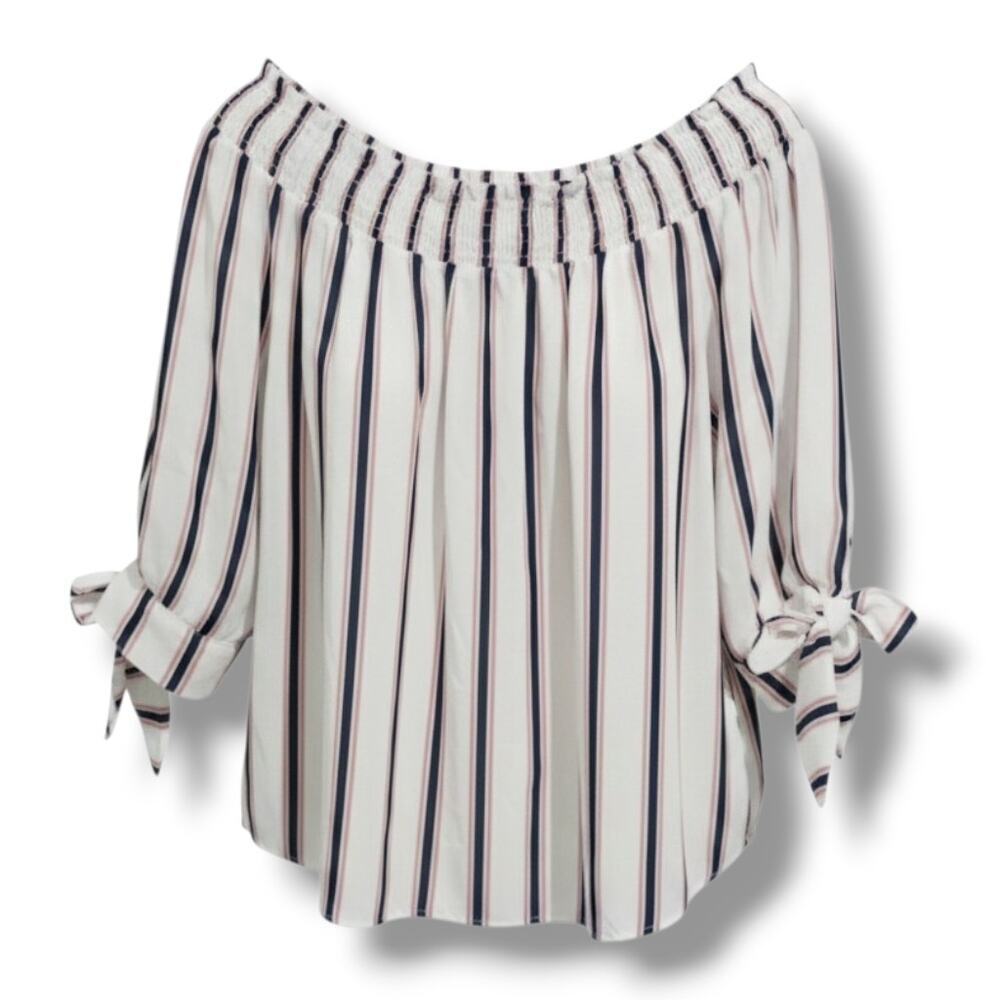 E&M Vertical Striped Off the Shoulder Tie Sleeve Blouse
